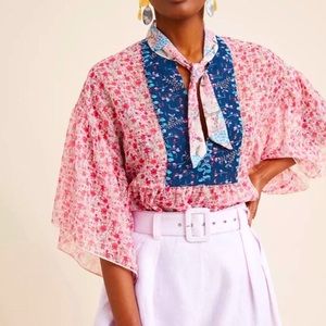 Anna Sui x Free People Alayna L Pink Blue Floral Romantic Peasant Babydoll Tunic